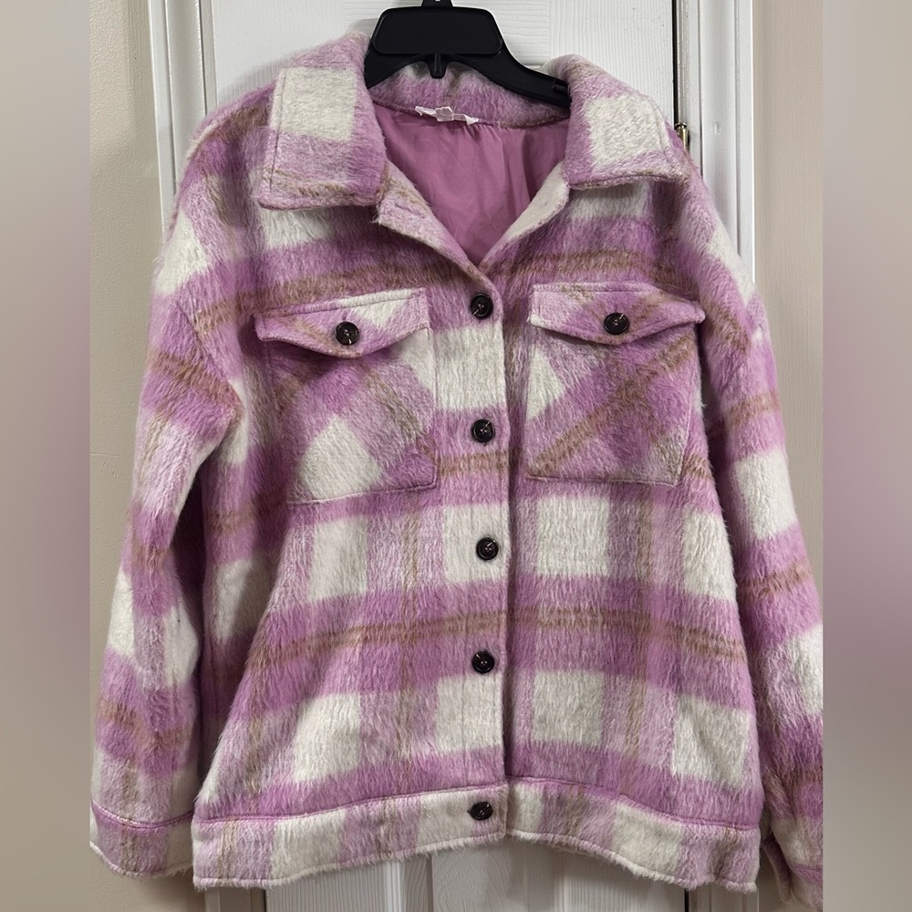 THML Pink and White Plaid Teddy Jacket L (mix2)